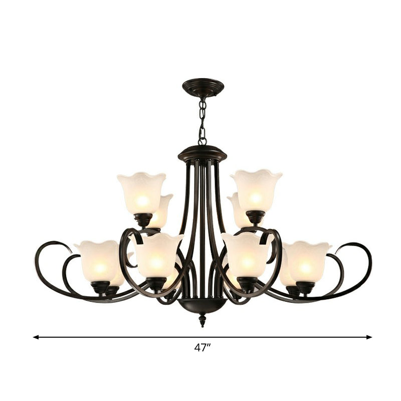 Black Finish Chandelier Lighting Retro Opal Frosted Glass Flower Hanging Light for Living Room Clearhalo 'Ceiling Lights' 'Chandeliers' Lighting' options 2323576