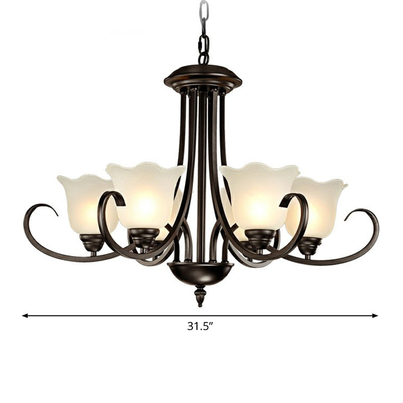 Black Finish Chandelier Lighting Retro Opal Frosted Glass Flower Hanging Light for Living Room Clearhalo 'Ceiling Lights' 'Chandeliers' Lighting' options 2323577