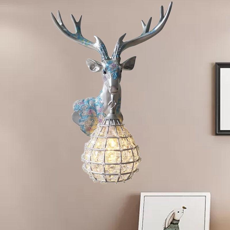 Silver/White/Gold Globe Sconce Lamp Traditional Crystal 1 Light Indoor Wall Mount Lighting with Deer Deco, Right/Left Clearhalo 'Wall Lamps & Sconces' 'Wall Lights' Lighting' 232358