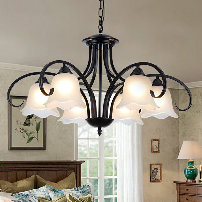 Frosted White Glass Floral Chandelier Country Style Bedroom Ceiling Suspension Lamp in Black Clearhalo 'Ceiling Lights' 'Chandeliers' Lighting' options 2323602