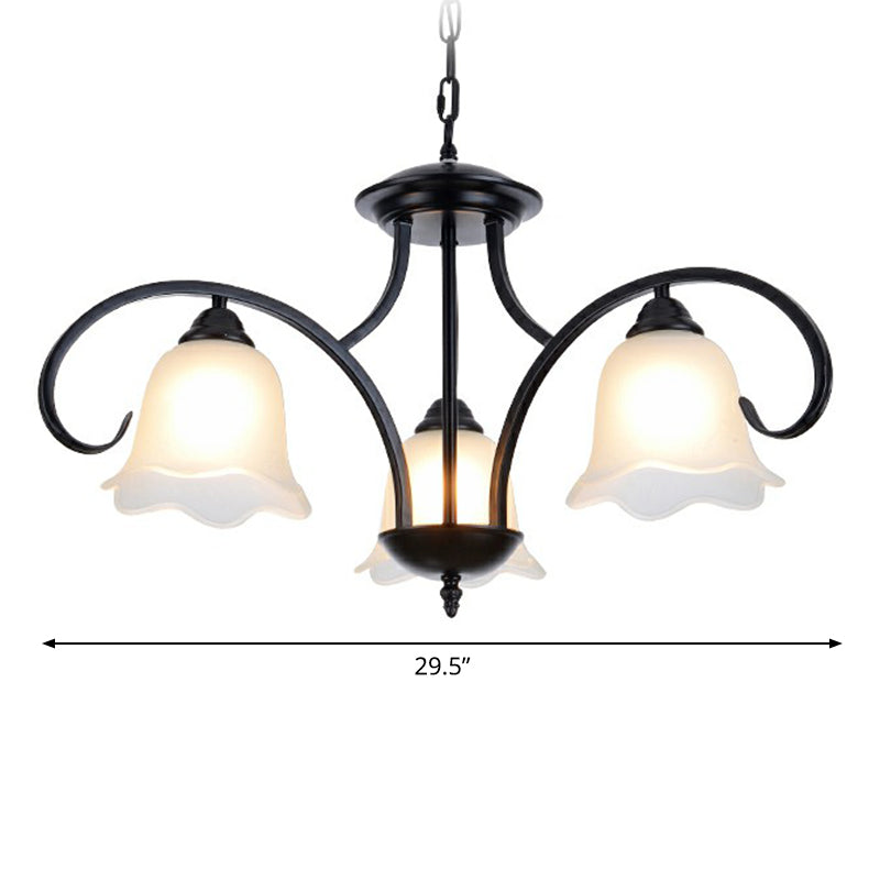 Frosted White Glass Floral Chandelier Country Style Bedroom Ceiling Suspension Lamp in Black 3 Black Clearhalo 'Ceiling Lights' 'Chandeliers' Lighting' options 2323603_54966f92-90ad-43fb-8259-ce479192fbe4