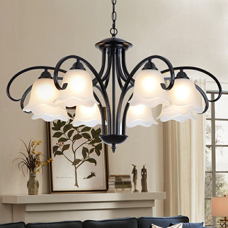 Frosted White Glass Floral Chandelier Country Style Bedroom Ceiling Suspension Lamp in Black Clearhalo 'Ceiling Lights' 'Chandeliers' Lighting' options 2323604