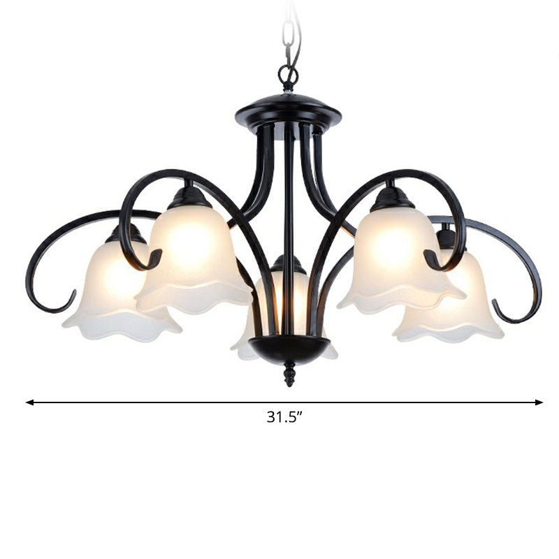 Frosted White Glass Floral Chandelier Country Style Bedroom Ceiling Suspension Lamp in Black Clearhalo 'Ceiling Lights' 'Chandeliers' Lighting' options 2323605