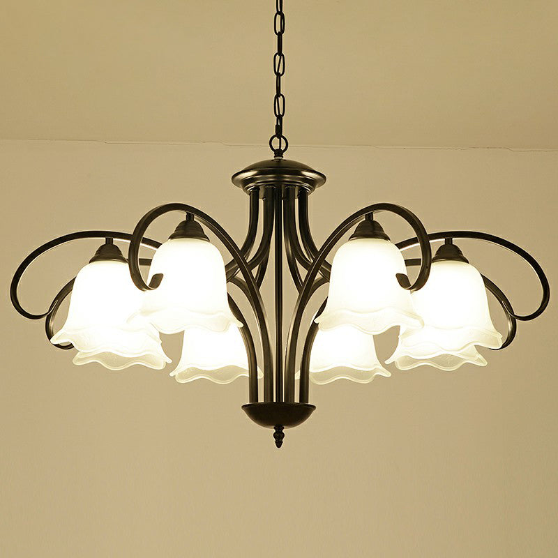 Frosted White Glass Floral Chandelier Country Style Bedroom Ceiling Suspension Lamp in Black Clearhalo 'Ceiling Lights' 'Chandeliers' Lighting' options 2323606