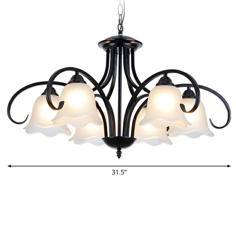 Frosted White Glass Floral Chandelier Country Style Bedroom Ceiling Suspension Lamp in Black Clearhalo 'Ceiling Lights' 'Chandeliers' Lighting' options 2323607