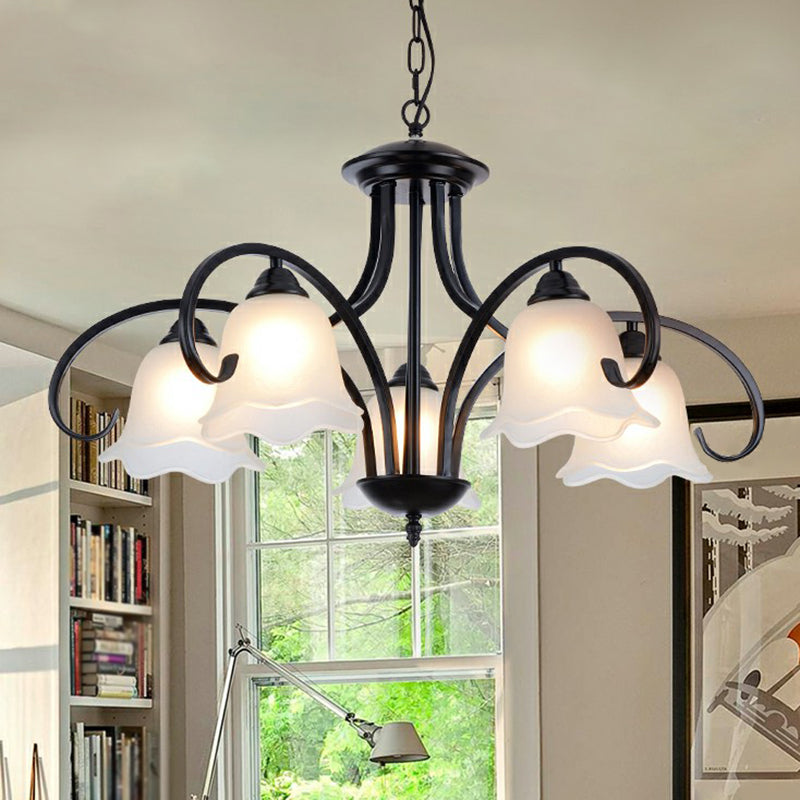 Frosted White Glass Floral Chandelier Country Style Bedroom Ceiling Suspension Lamp in Black Clearhalo 'Ceiling Lights' 'Chandeliers' Lighting' options 2323608