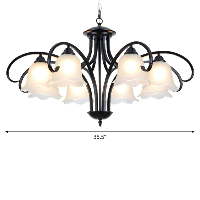 Frosted White Glass Floral Chandelier Country Style Bedroom Ceiling Suspension Lamp in Black 8 Black Clearhalo 'Ceiling Lights' 'Chandeliers' Lighting' options 2323609_151d686a-27bf-4527-853d-effa7162fb0b