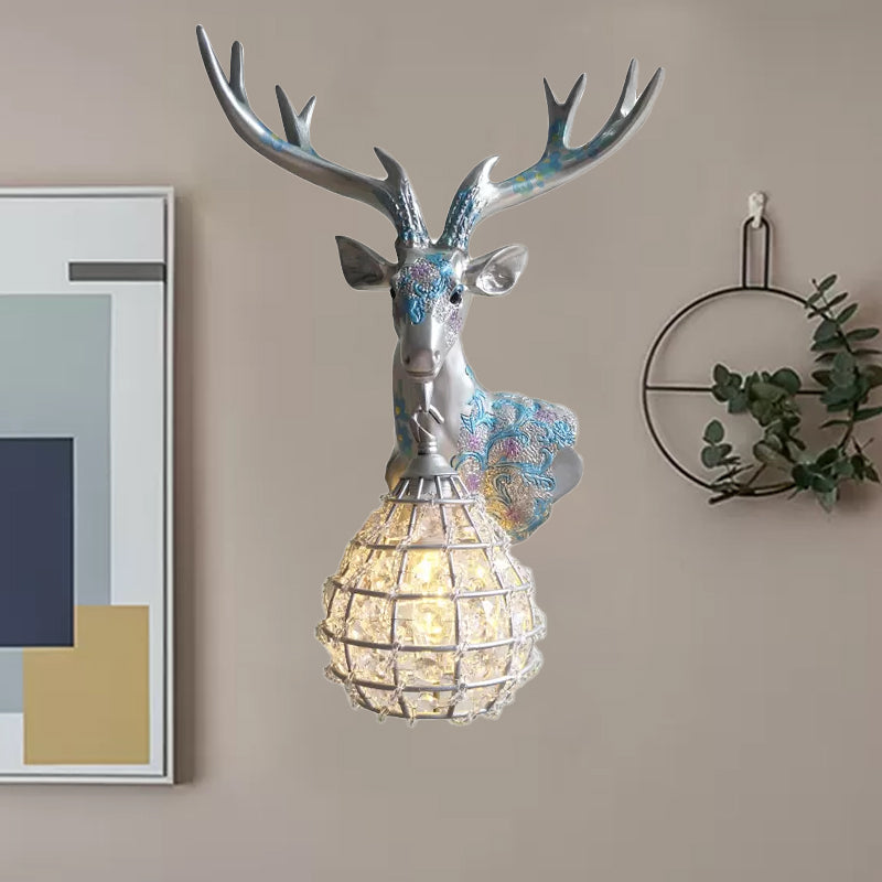 Silver/White/Gold Globe Sconce Lamp Traditional Crystal 1 Light Indoor Wall Mount Lighting with Deer Deco, Right/Left Silver Right Clearhalo 'Wall Lamps & Sconces' 'Wall Lights' Lighting' 232361