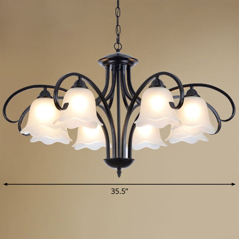 Frosted White Glass Floral Chandelier Country Style Bedroom Ceiling Suspension Lamp in Black Clearhalo 'Ceiling Lights' 'Chandeliers' Lighting' options 2323610