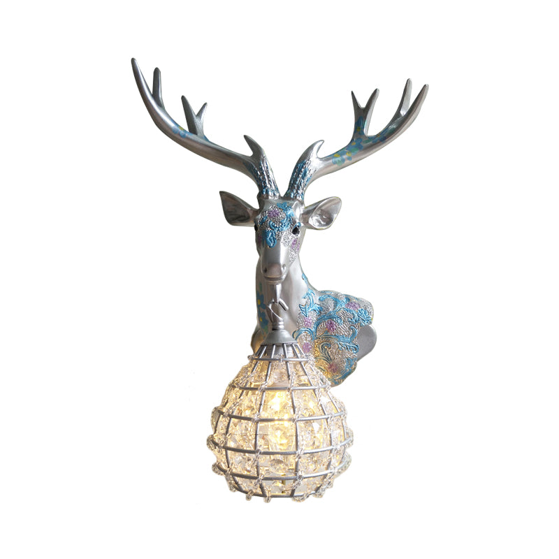 Silver/White/Gold Globe Sconce Lamp Traditional Crystal 1 Light Indoor Wall Mount Lighting with Deer Deco, Right/Left Clearhalo 'Wall Lamps & Sconces' 'Wall Lights' Lighting' 232363