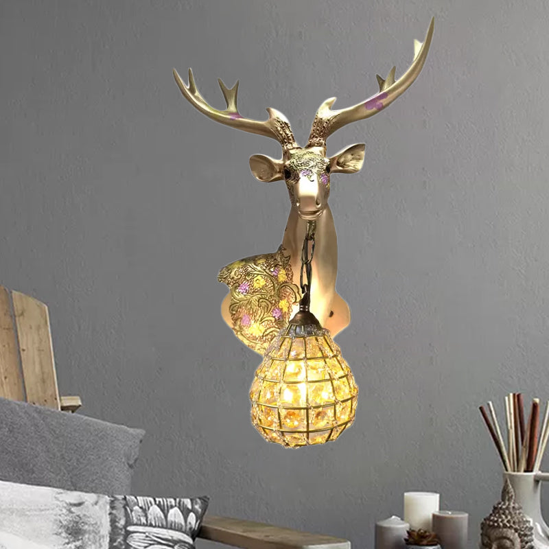 Silver/White/Gold Globe Sconce Lamp Traditional Crystal 1 Light Indoor Wall Mount Lighting with Deer Deco, Right/Left Gold Left Clearhalo 'Wall Lamps & Sconces' 'Wall Lights' Lighting' 232364