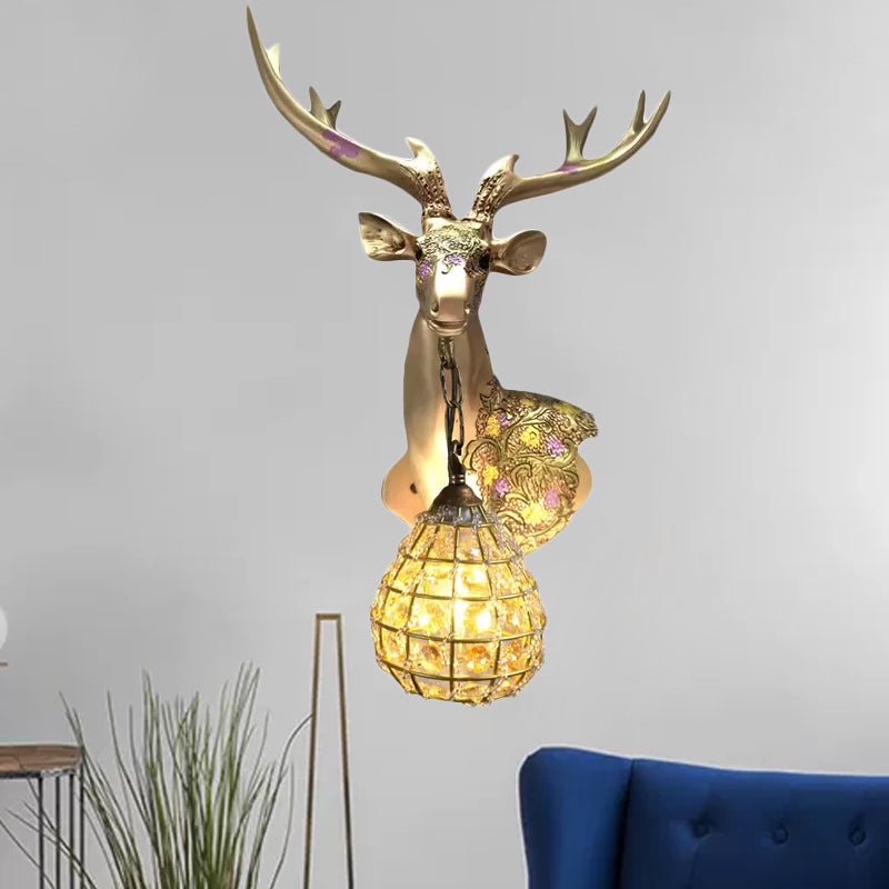 Silver/White/Gold Globe Sconce Lamp Traditional Crystal 1 Light Indoor Wall Mount Lighting with Deer Deco, Right/Left Gold Right Clearhalo 'Wall Lamps & Sconces' 'Wall Lights' Lighting' 232369