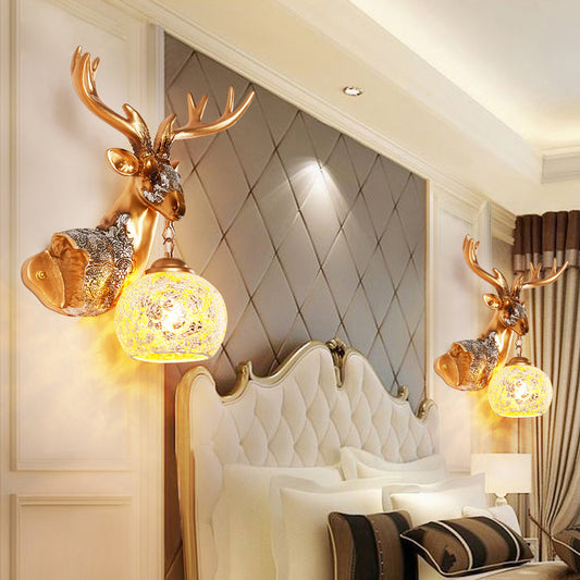 1 Light Wall Lamp Classic Deer Head Resin Sconce Light Fixture in Gold for Bedroom with Orb Glass Shade, Right/Left Clearhalo 'Wall Lamps & Sconces' 'Wall Lights' Lighting' 232373