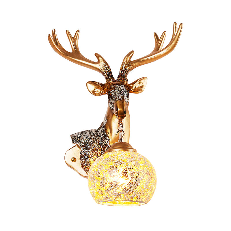 1 Light Wall Lamp Classic Deer Head Resin Sconce Light Fixture in Gold for Bedroom with Orb Glass Shade, Right/Left Clearhalo 'Wall Lamps & Sconces' 'Wall Lights' Lighting' 232374