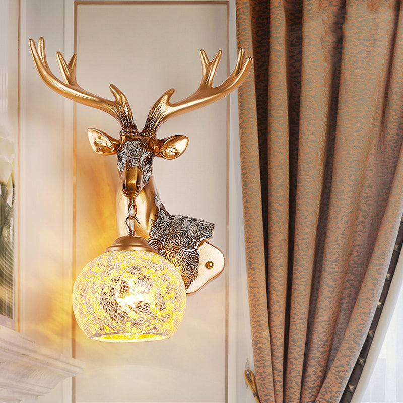 1 Light Wall Lamp Classic Deer Head Resin Sconce Light Fixture in Gold for Bedroom with Orb Glass Shade, Right/Left Gold Right Clearhalo 'Wall Lamps & Sconces' 'Wall Lights' Lighting' 232376