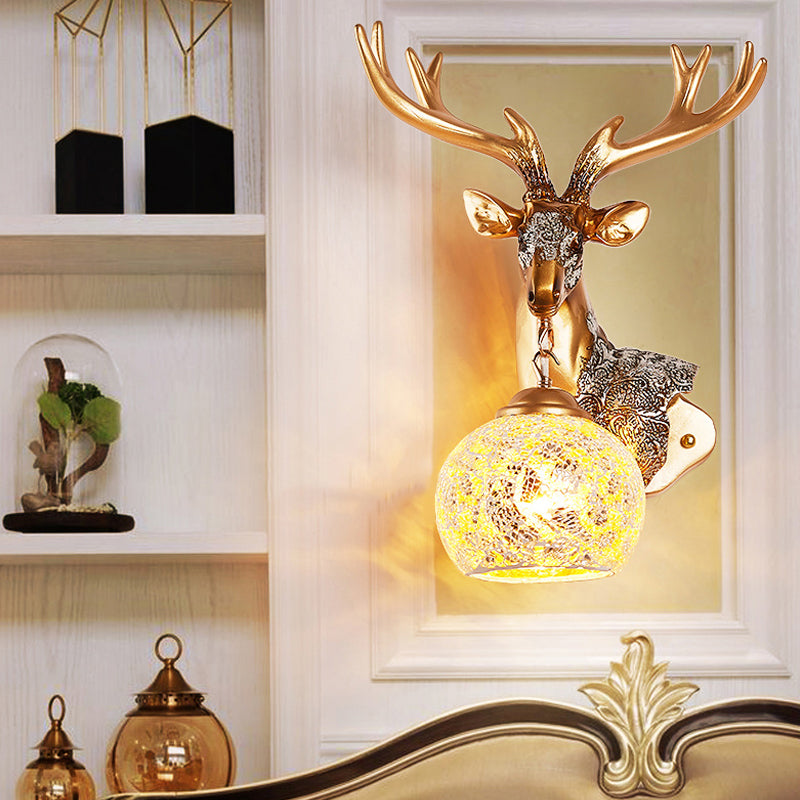 1 Light Wall Lamp Classic Deer Head Resin Sconce Light Fixture in Gold for Bedroom with Orb Glass Shade, Right/Left Clearhalo 'Wall Lamps & Sconces' 'Wall Lights' Lighting' 232377