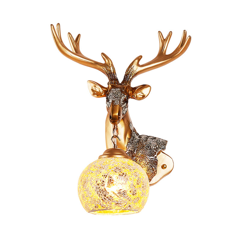 1 Light Wall Lamp Classic Deer Head Resin Sconce Light Fixture in Gold for Bedroom with Orb Glass Shade, Right/Left Clearhalo 'Wall Lamps & Sconces' 'Wall Lights' Lighting' 232378