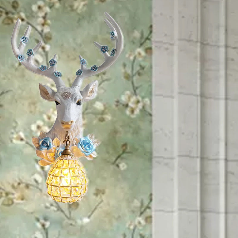 Deer Head Resin Sconce Light Traditional Single Bulb Indoor Wall Mounted Lamp in White with Globe Crystal Shade, Right/Left White Left Clearhalo 'Wall Lamps & Sconces' 'Wall Lights' Lighting' 232387