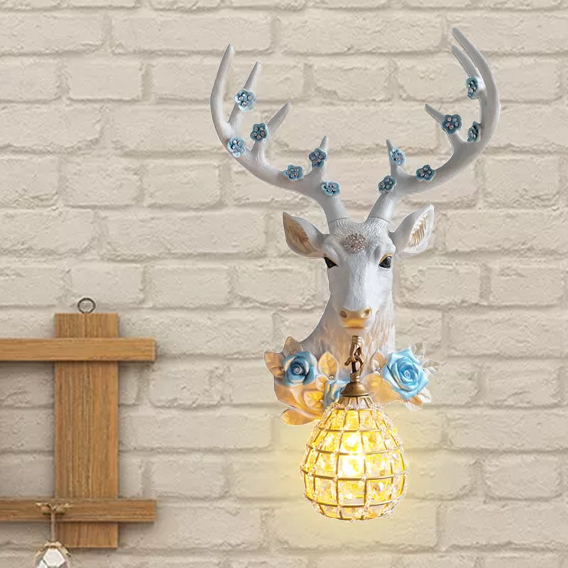 Deer Head Resin Sconce Light Traditional Single Bulb Indoor Wall Mounted Lamp in White with Globe Crystal Shade, Right/Left Clearhalo 'Wall Lamps & Sconces' 'Wall Lights' Lighting' 232388