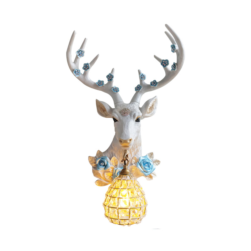 Deer Head Resin Sconce Light Traditional Single Bulb Indoor Wall Mounted Lamp in White with Globe Crystal Shade, Right/Left Clearhalo 'Wall Lamps & Sconces' 'Wall Lights' Lighting' 232389