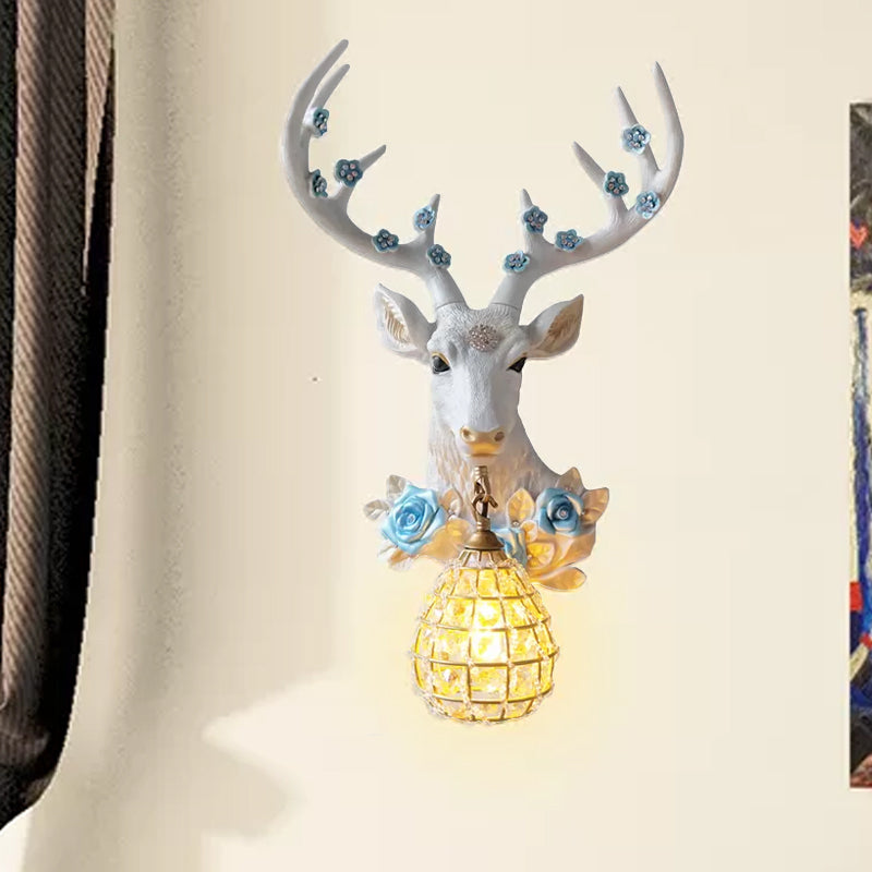 Deer Head Resin Sconce Light Traditional Single Bulb Indoor Wall Mounted Lamp in White with Globe Crystal Shade, Right/Left Clearhalo 'Wall Lamps & Sconces' 'Wall Lights' Lighting' 232391