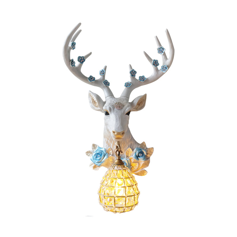 Deer Head Resin Sconce Light Traditional Single Bulb Indoor Wall Mounted Lamp in White with Globe Crystal Shade, Right/Left Clearhalo 'Wall Lamps & Sconces' 'Wall Lights' Lighting' 232392