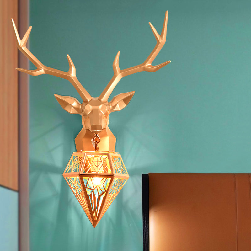 Resin Gold/Rose Gold Sconce Light Fixture Deer Head 1-Light Country Wall Mounted Lighting with Diamond Metal Shade Rose Gold Clearhalo 'Wall Lamps & Sconces' 'Wall Lights' Lighting' 232411