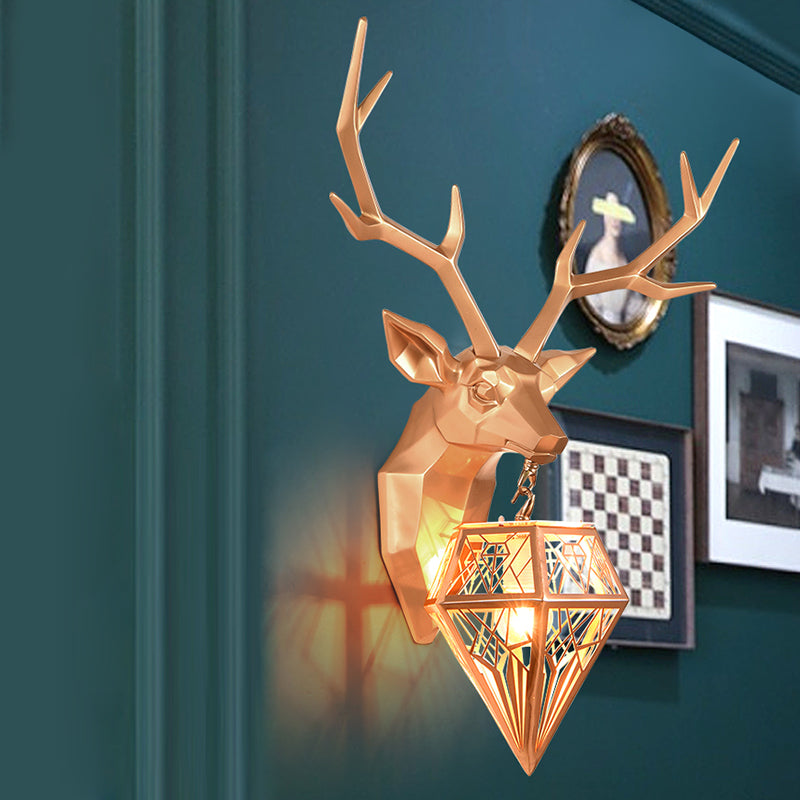 Resin Gold/Rose Gold Sconce Light Fixture Deer Head 1-Light Country Wall Mounted Lighting with Diamond Metal Shade Clearhalo 'Wall Lamps & Sconces' 'Wall Lights' Lighting' 232412