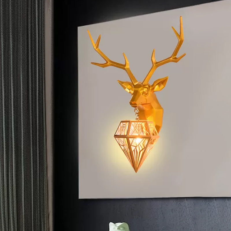 Resin Gold/Rose Gold Sconce Light Fixture Deer Head 1-Light Country Wall Mounted Lighting with Diamond Metal Shade Gold Clearhalo 'Wall Lamps & Sconces' 'Wall Lights' Lighting' 232414