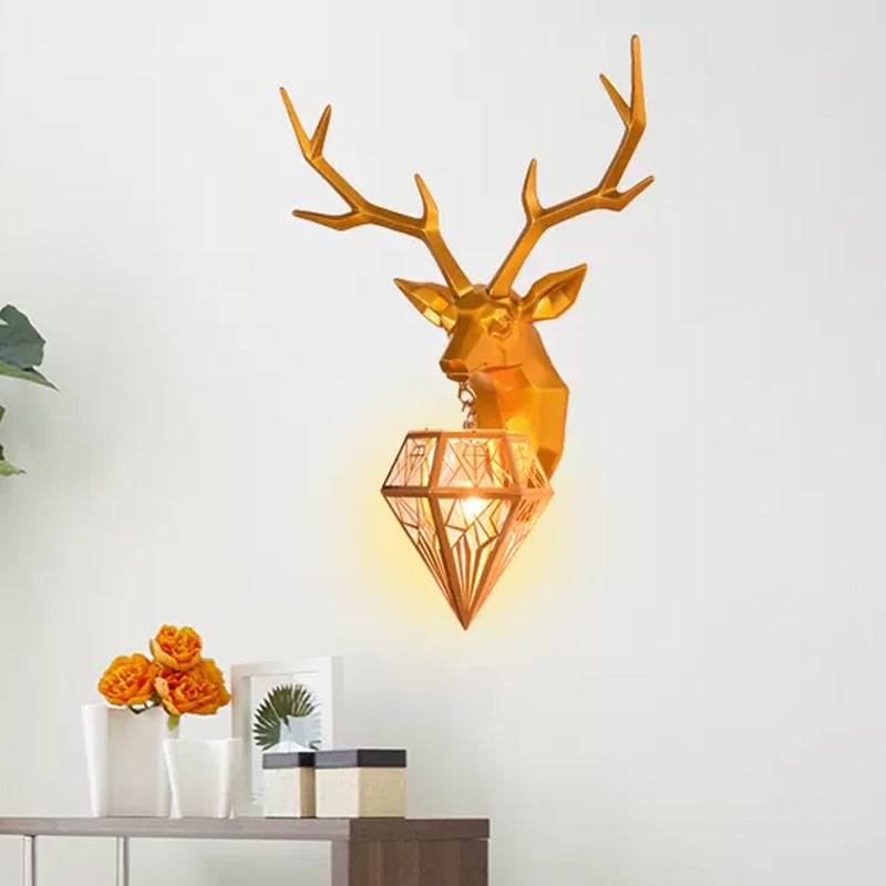 Resin Gold/Rose Gold Sconce Light Fixture Deer Head 1-Light Country Wall Mounted Lighting with Diamond Metal Shade Clearhalo 'Wall Lamps & Sconces' 'Wall Lights' Lighting' 232415