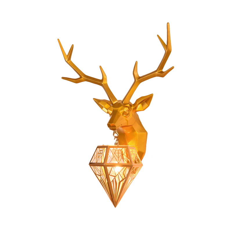 Resin Gold/Rose Gold Sconce Light Fixture Deer Head 1-Light Country Wall Mounted Lighting with Diamond Metal Shade Clearhalo 'Wall Lamps & Sconces' 'Wall Lights' Lighting' 232416