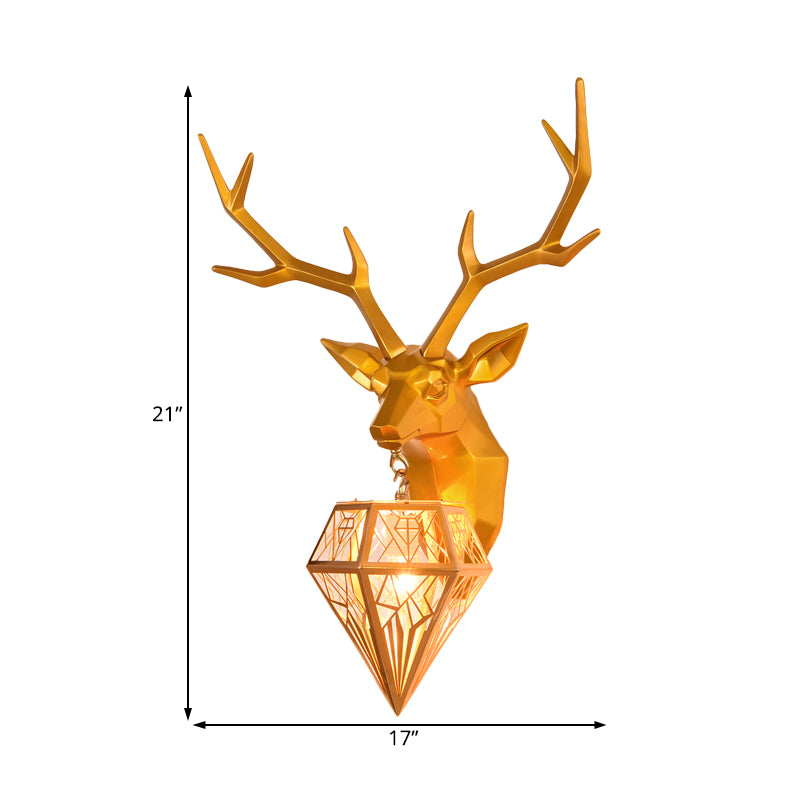 Resin Gold/Rose Gold Sconce Light Fixture Deer Head 1-Light Country Wall Mounted Lighting with Diamond Metal Shade Clearhalo 'Wall Lamps & Sconces' 'Wall Lights' Lighting' 232417