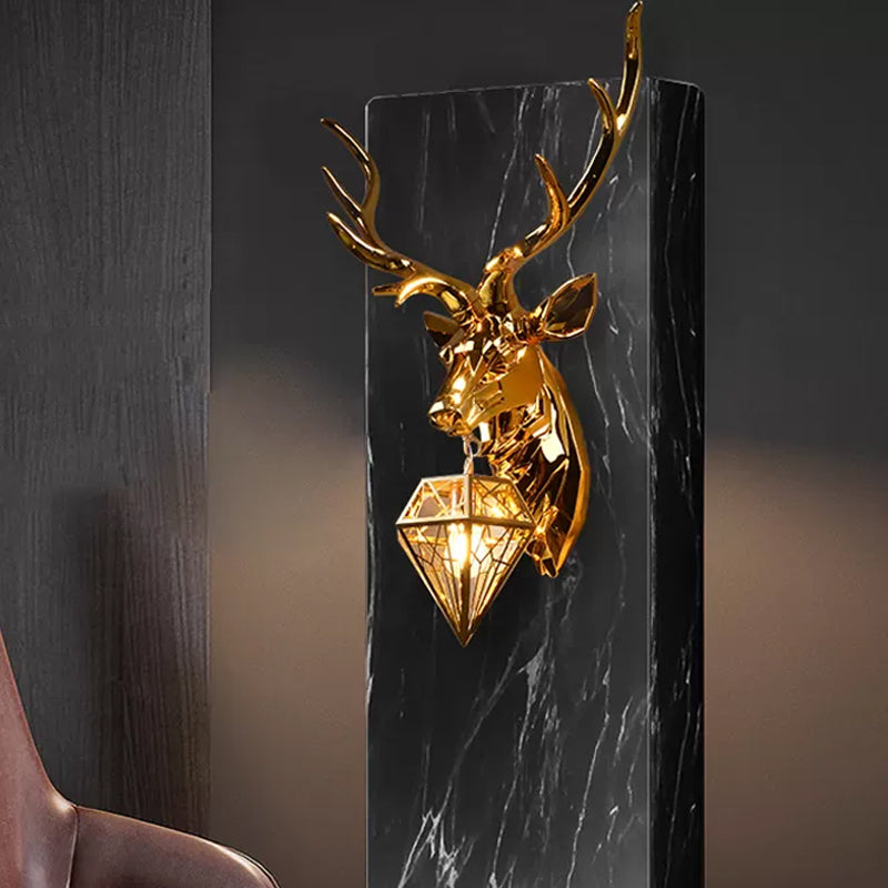 1 Light Resin Wall Lamp Fixture Rustic Silver/Gold Diamond Indoor Sconce Light with Deer Backplate, 14.5"/19.5" W Gold Clearhalo 'Wall Lamps & Sconces' 'Wall Lights' Lighting' 232418