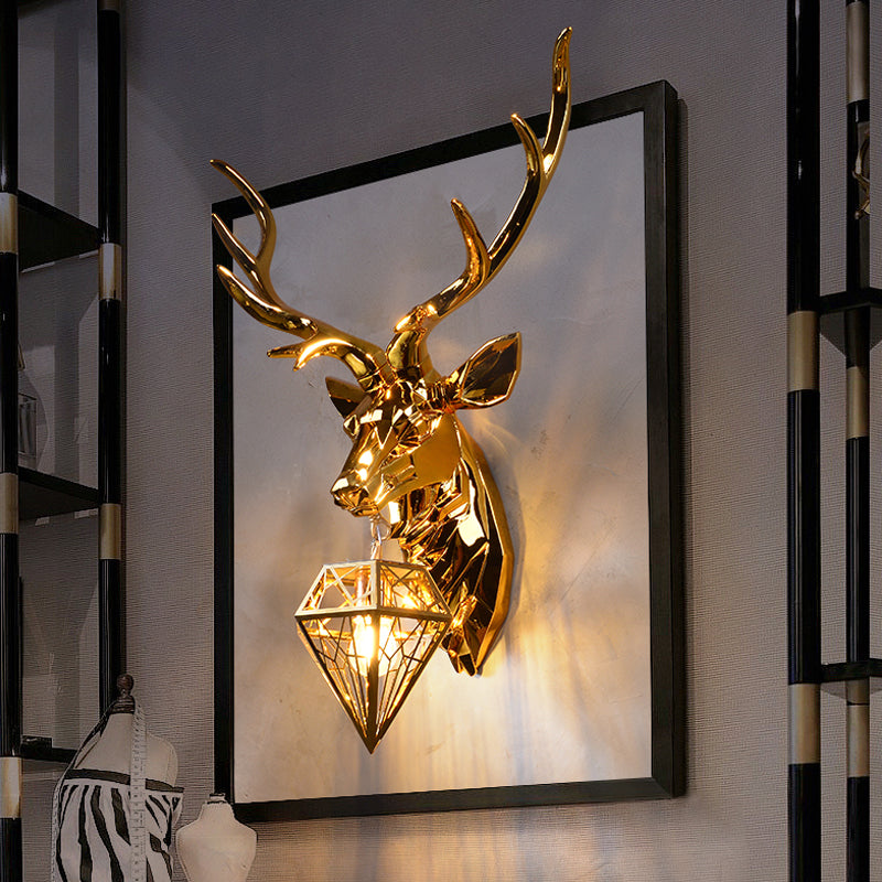 1 Light Resin Wall Lamp Fixture Rustic Silver/Gold Diamond Indoor Sconce Light with Deer Backplate, 14.5"/19.5" W Clearhalo 'Wall Lamps & Sconces' 'Wall Lights' Lighting' 232419