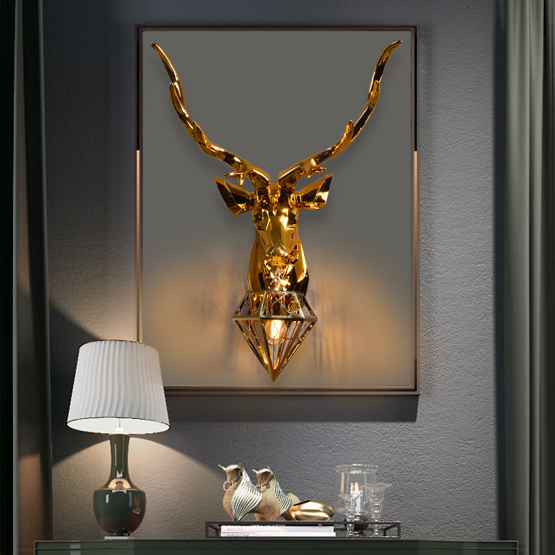 1 Light Resin Wall Lamp Fixture Rustic Silver/Gold Diamond Indoor Sconce Light with Deer Backplate, 14.5"/19.5" W Clearhalo 'Wall Lamps & Sconces' 'Wall Lights' Lighting' 232420