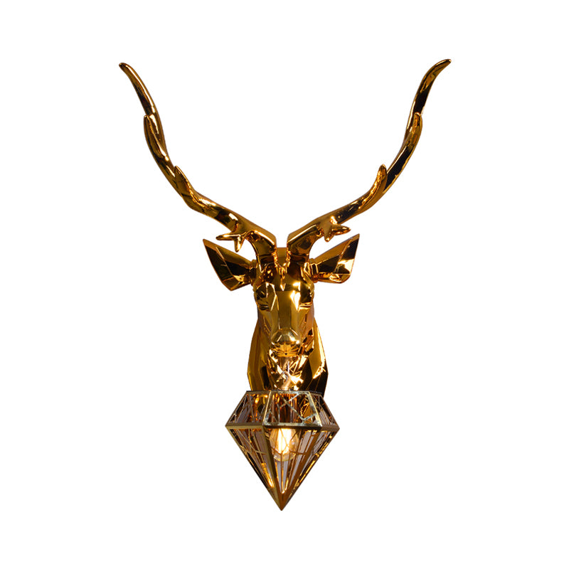 1 Light Resin Wall Lamp Fixture Rustic Silver/Gold Diamond Indoor Sconce Light with Deer Backplate, 14.5"/19.5" W Clearhalo 'Wall Lamps & Sconces' 'Wall Lights' Lighting' 232421