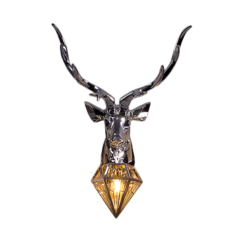 1 Light Resin Wall Lamp Fixture Rustic Silver/Gold Diamond Indoor Sconce Light with Deer Backplate, 14.5"/19.5" W Clearhalo 'Wall Lamps & Sconces' 'Wall Lights' Lighting' 232427