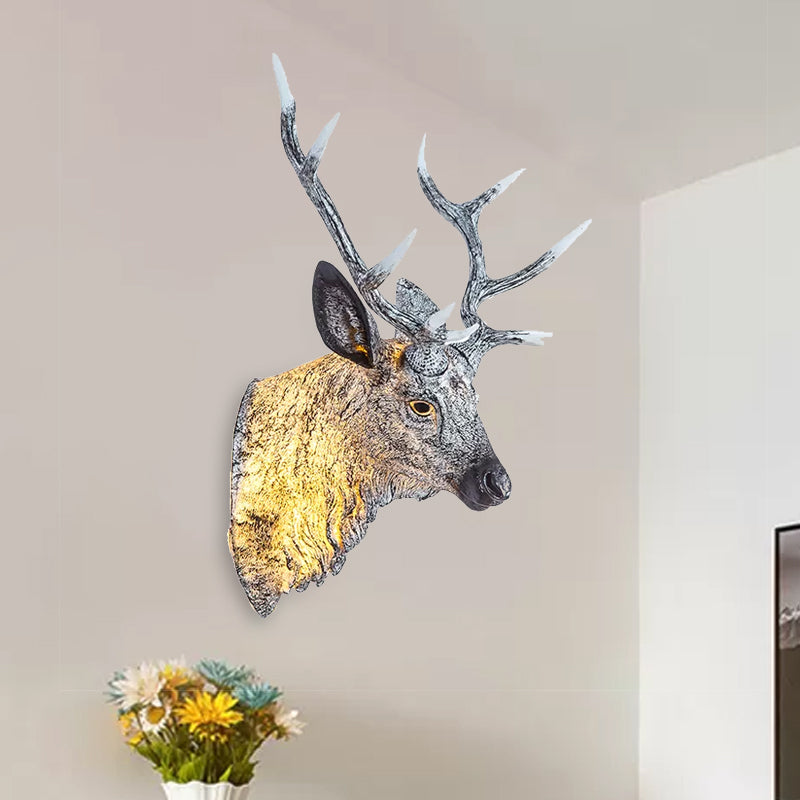 Deer Head Bedroom Wall Light Fixture Traditional Style Resin 1 Light Grey/Silver/Bronze Sconce Lamp Grey Clearhalo 'Wall Lamps & Sconces' 'Wall Lights' Lighting' 232428