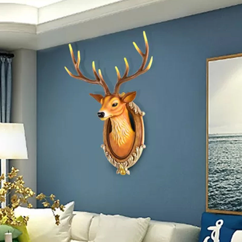 Resin Deer Head Sconce Light Country 16“/18.5” W LED Living Room Wall Mounted Lamp in Black/White/Wood Wood Clearhalo 'Wall Lamps & Sconces' 'Wall Lights' Lighting' 232456