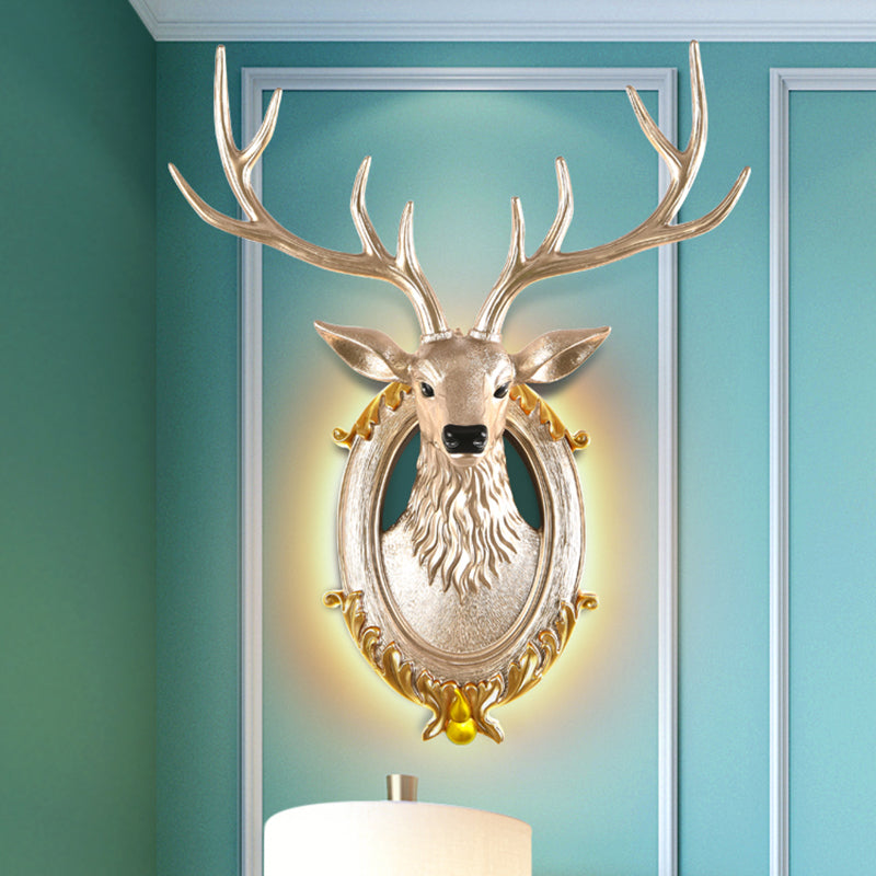 Resin Deer Head Sconce Light Country 16“/18.5” W LED Living Room Wall Mounted Lamp in Black/White/Wood Silver Clearhalo 'Wall Lamps & Sconces' 'Wall Lights' Lighting' 232461