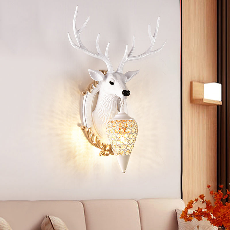 Silver/White/Wood Deer Wall Lighting Vintage Resin 1 Light Living Room Sconce Lamp with Droplet Crystal Shade White Clearhalo 'Wall Lamps & Sconces' 'Wall Lights' Lighting' 232469