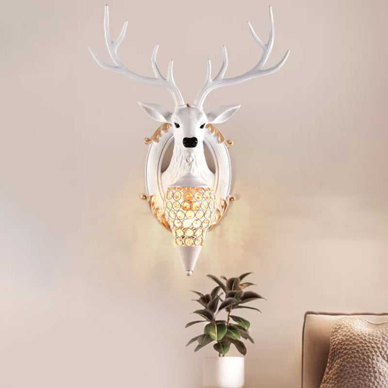 Silver/White/Wood Deer Wall Lighting Vintage Resin 1 Light Living Room Sconce Lamp with Droplet Crystal Shade Clearhalo 'Wall Lamps & Sconces' 'Wall Lights' Lighting' 232470