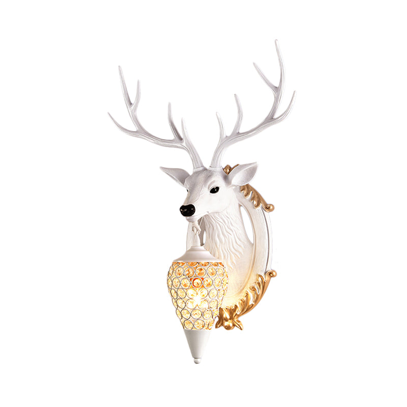 Silver/White/Wood Deer Wall Lighting Vintage Resin 1 Light Living Room Sconce Lamp with Droplet Crystal Shade Clearhalo 'Wall Lamps & Sconces' 'Wall Lights' Lighting' 232471