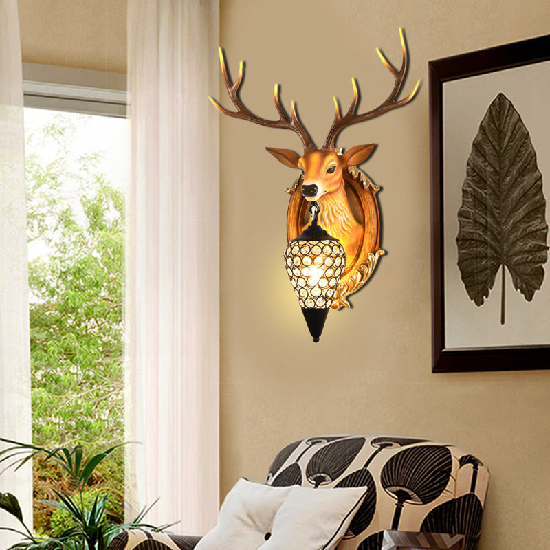 Silver/White/Wood Deer Wall Lighting Vintage Resin 1 Light Living Room Sconce Lamp with Droplet Crystal Shade Wood Clearhalo 'Wall Lamps & Sconces' 'Wall Lights' Lighting' 232472