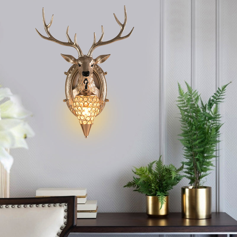 Silver/White/Wood Deer Wall Lighting Vintage Resin 1 Light Living Room Sconce Lamp with Droplet Crystal Shade Clearhalo 'Wall Lamps & Sconces' 'Wall Lights' Lighting' 232476