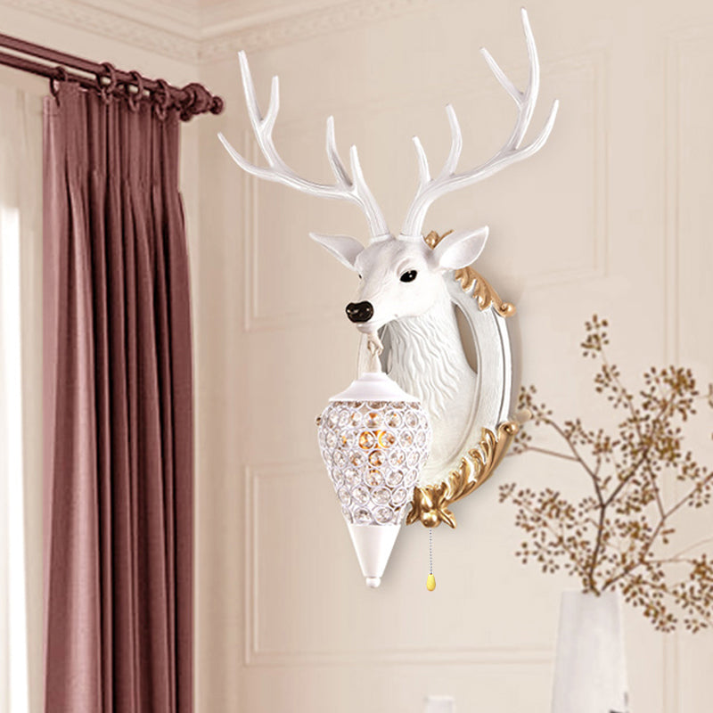 16"/18.5" W Rustic Droplet Sconce Lamp 1 Bulb Crystal Wall Mounted Light in Silver/White/Wood with Deer Resin Backplate Clearhalo 'Wall Lamps & Sconces' 'Wall Lights' Lighting' 232481