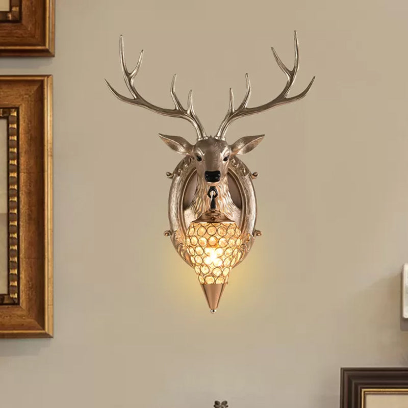 16"/18.5" W Rustic Droplet Sconce Lamp 1 Bulb Crystal Wall Mounted Light in Silver/White/Wood with Deer Resin Backplate Silver Clearhalo 'Wall Lamps & Sconces' 'Wall Lights' Lighting' 232483