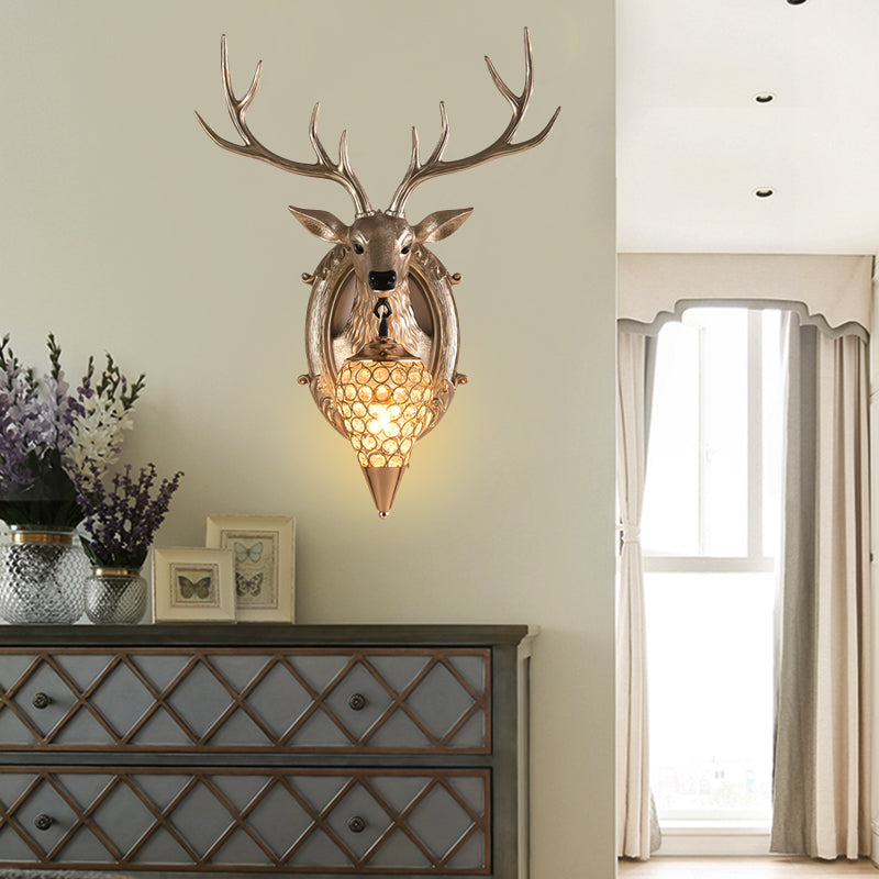 16"/18.5" W Rustic Droplet Sconce Lamp 1 Bulb Crystal Wall Mounted Light in Silver/White/Wood with Deer Resin Backplate Clearhalo 'Wall Lamps & Sconces' 'Wall Lights' Lighting' 232484