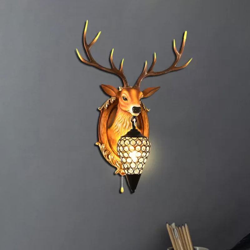 16"/18.5" W Rustic Droplet Sconce Lamp 1 Bulb Crystal Wall Mounted Light in Silver/White/Wood with Deer Resin Backplate Wood Clearhalo 'Wall Lamps & Sconces' 'Wall Lights' Lighting' 232488