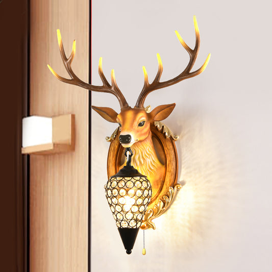 16"/18.5" W Rustic Droplet Sconce Lamp 1 Bulb Crystal Wall Mounted Light in Silver/White/Wood with Deer Resin Backplate Clearhalo 'Wall Lamps & Sconces' 'Wall Lights' Lighting' 232489